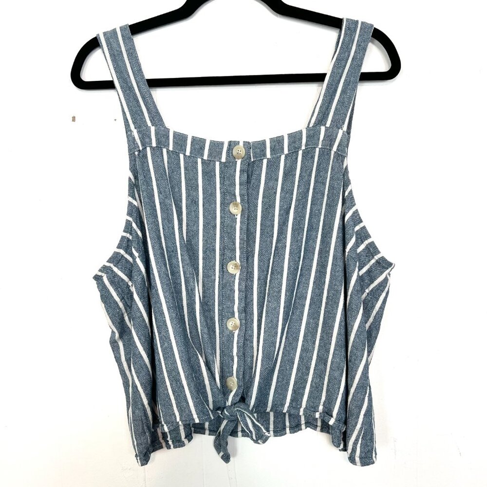 Sonoma Tie Front Cropped Tank Top Blue White‎ Striped Linen Blend XXL